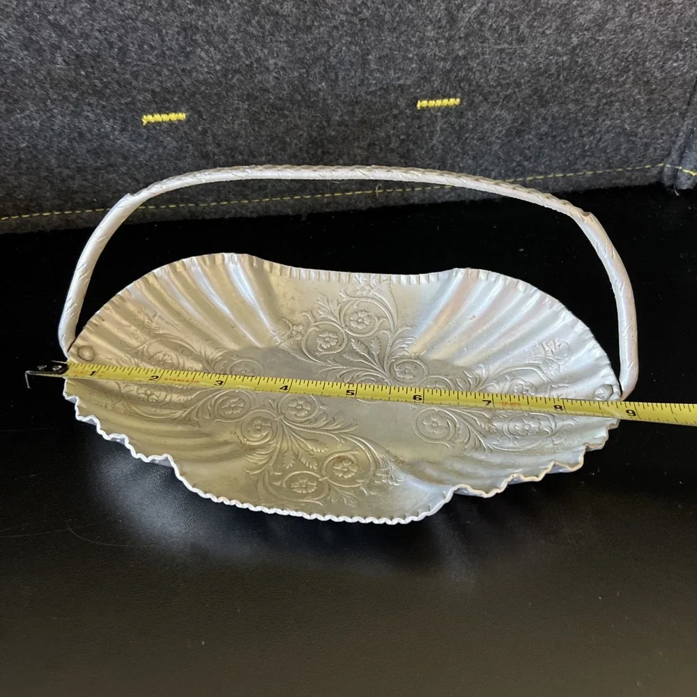 Vintage Aluminum Candy Dish/Basket with‎ Handle and Floral Motif